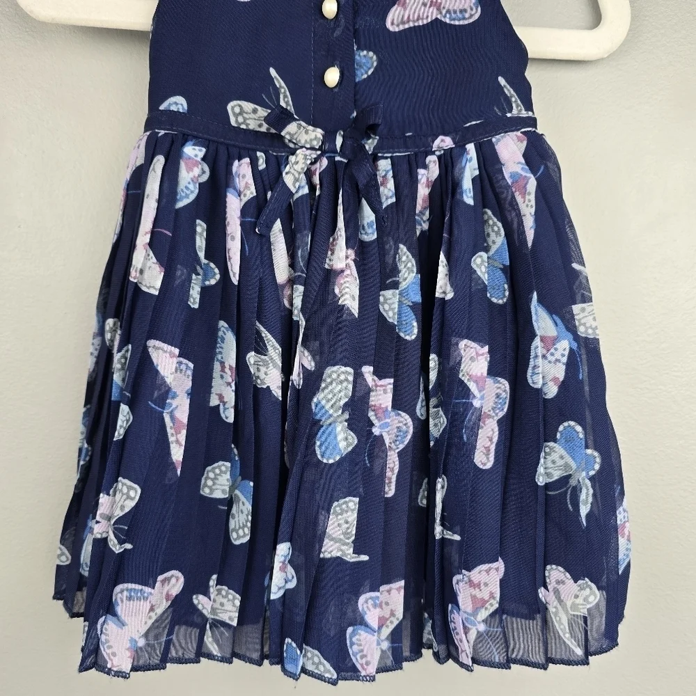 BABY‎ BERI Pleated Whimsical Dress Lace Collar Butterfly Navy Baby Girls 6-9 M